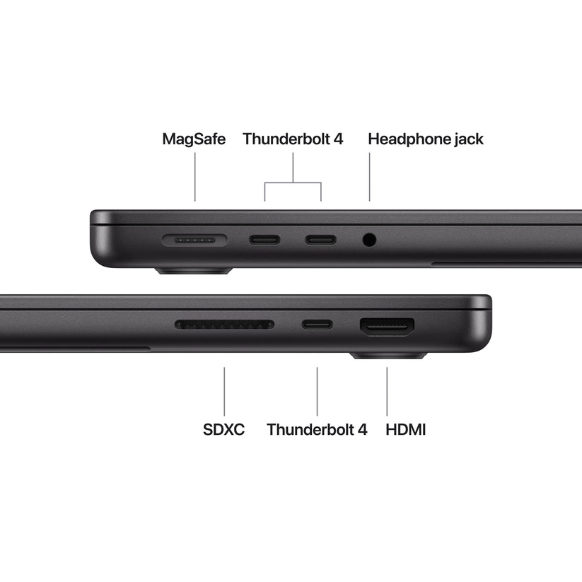 Side view showing connectivity ports on the 14-inch MacBook Pro M5 1TB Space Black at Tradeline Egypt.