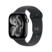Front slight left display view of the Apple Watch Series 11 GPS 42mm Jet Black Aluminium Case with Black Sport Band M/L available at Tradeline.

