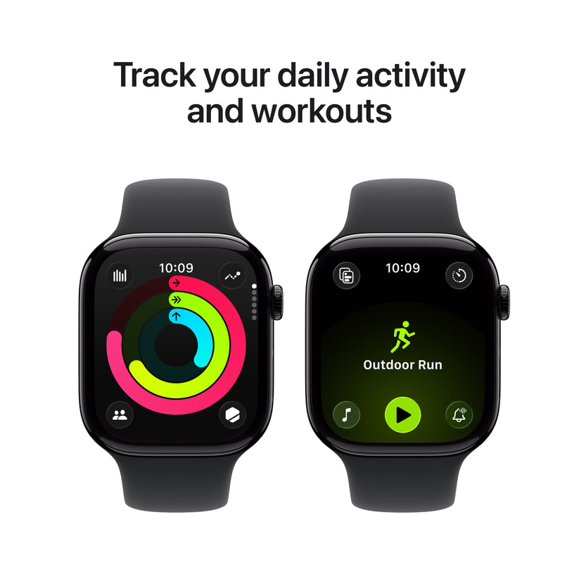 Promotional graphic showing daily activity and workout tracking features for the Apple Watch Series 11 42mm Jet Black M/L variant from Tradeline.
