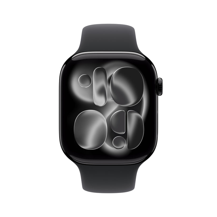 Front view of the Apple Watch Series 11 GPS 42mm Jet Black Aluminium Case with Black Sport Band S/M from Tradeline Egypt.
