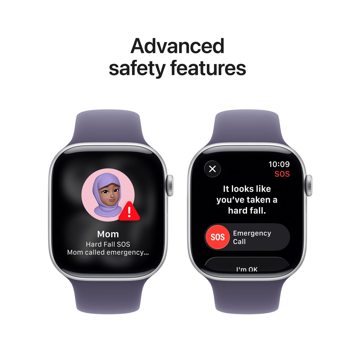 Display highlighting advanced safety features built into the Apple Watch Series 11 GPS 42mm Silver Aluminium Case M/L at Tradeline.
