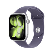 Front slight left display view of the Apple Watch Series 11 GPS 42mm Silver Aluminium Case with Purple Fog Sport Band M/L available at Tradeline.
