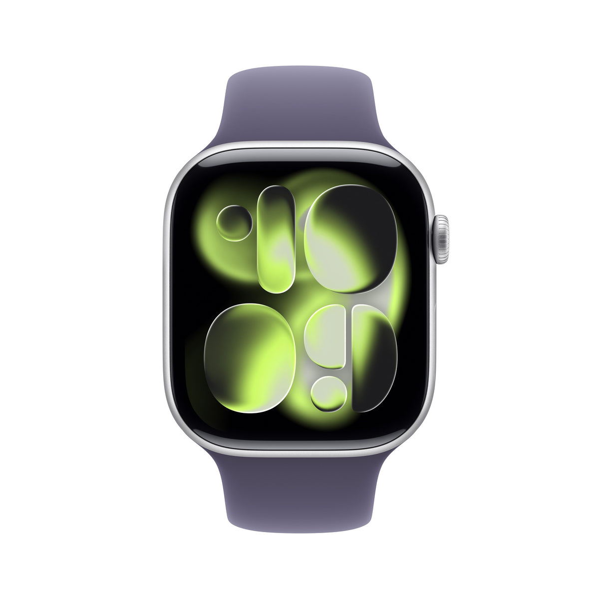 Front view of the Apple Watch Series 11 GPS 42mm Silver Aluminium Case with Purple Fog Sport Band M/L from Tradeline Egypt.
