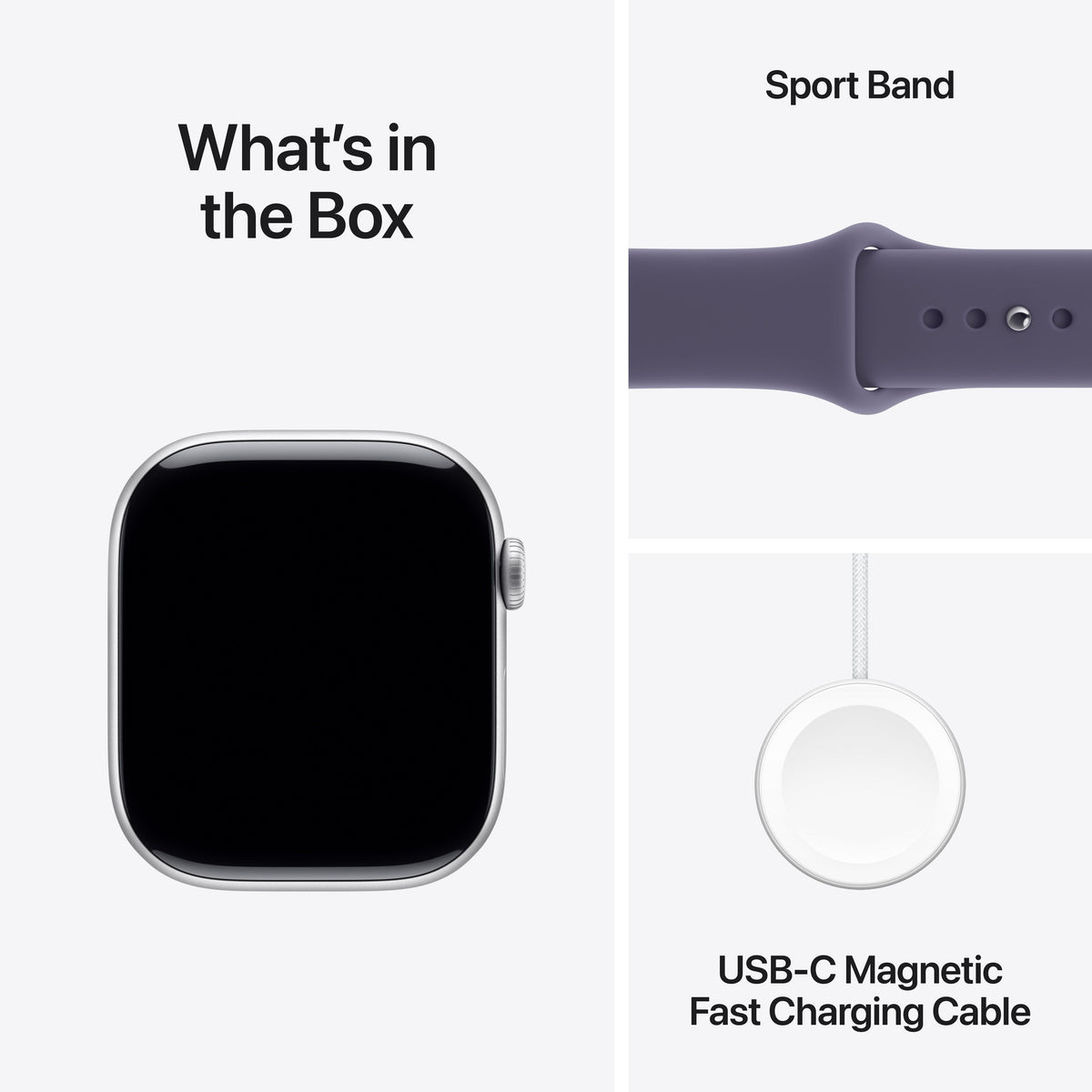 What is inside the official retail packaging box for the Apple Watch Series 11 GPS 42mm Silver Aluminium Case with Purple Fog Sport Band M/L at Tradeline.
