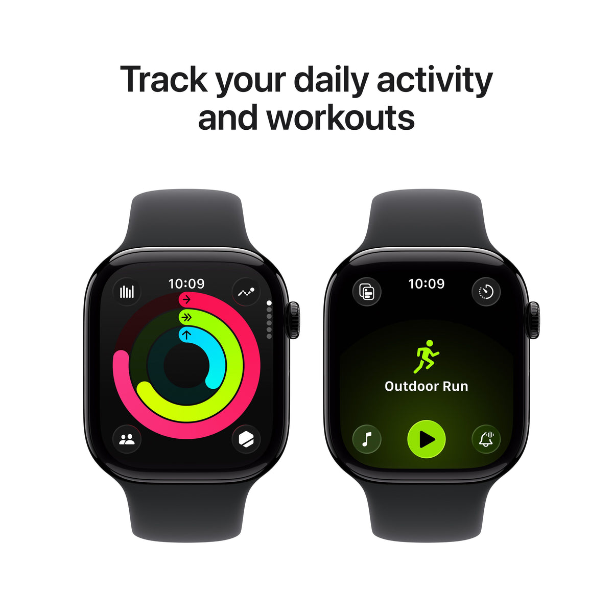 Promotional graphic showing daily activity and workout tracking features for the Apple Watch Series 11 Jet Black M/L variant from Tradeline.