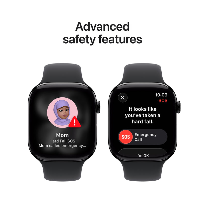 Display highlighting advanced safety features built into the Apple Watch Series 11 GPS 46mm Jet Black Aluminium Case S/M at Tradeline.