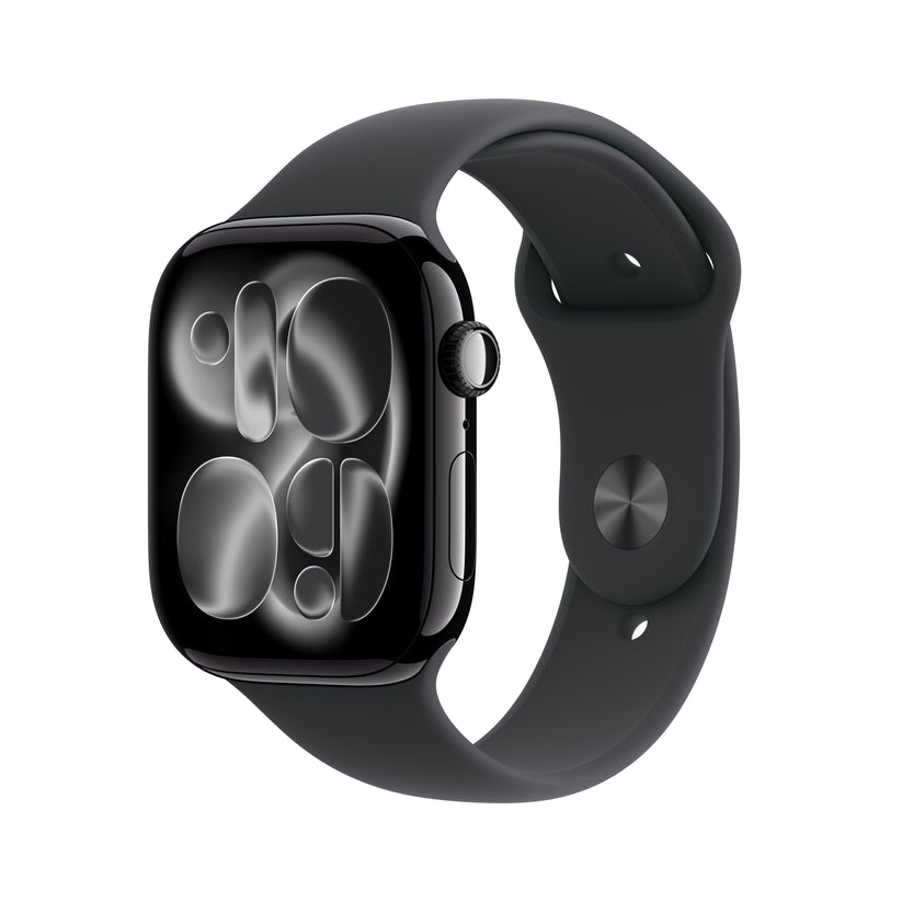 Front slight left display view of the Apple Watch Series 11 GPS 46mm Jet Black Aluminium Case with Black Sport Band S/M available at Tradeline