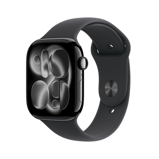 Front slight left display view of the Apple Watch Series 11 GPS 46mm Jet Black Aluminium Case with Black Sport Band S/M available at Tradeline
