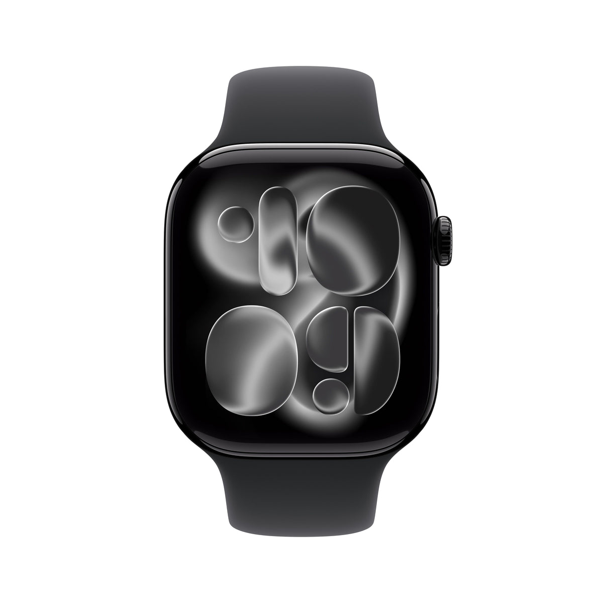 Front view of the Apple Watch Series 11 GPS 46mm Jet Black Aluminium Case with Black Sport Band S/M from Tradeline Egypt.