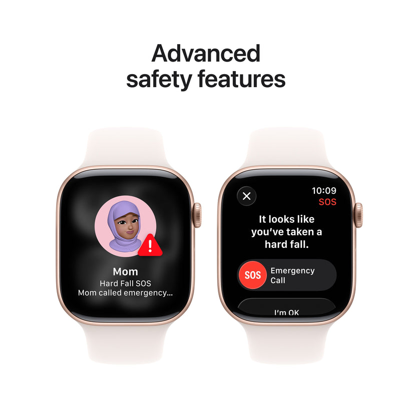 Display highlighting advanced safety features built into the Apple Watch Series 11 GPS 46mm Rose Gold Aluminium Case S/M at Tradeline.
