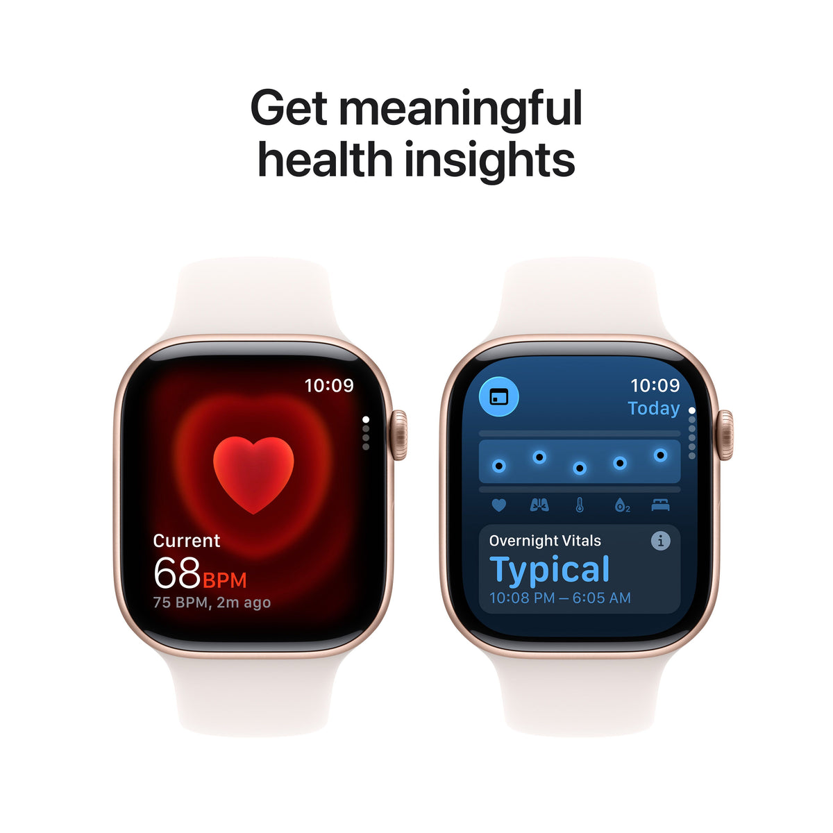 Infographic highlighting meaningful health insights available on the Apple Watch Series 11 GPS 46mm Rose Gold S/M at Tradeline.
