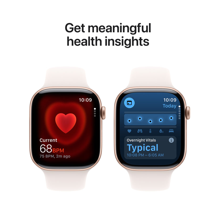 Infographic highlighting meaningful health insights available on the Apple Watch Series 11 GPS 46mm Rose Gold S/M at Tradeline.

