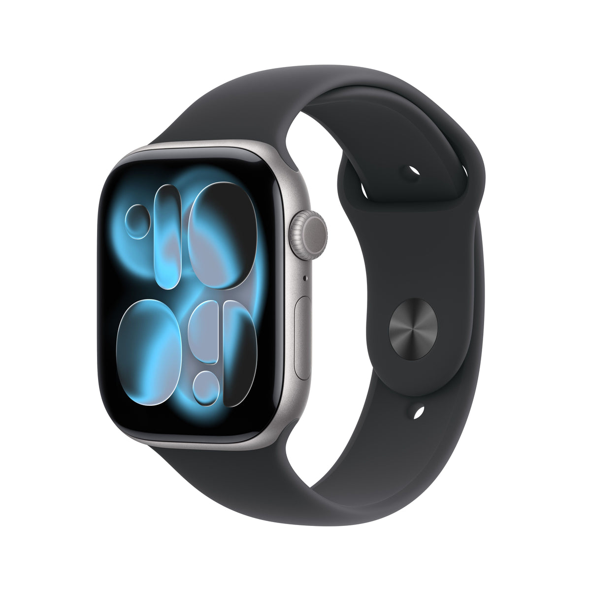 Front slight left display view of the Apple Watch Series 11 GPS 46mm Space Grey Aluminium Case with Black Sport Band S/M available at Tradeline.