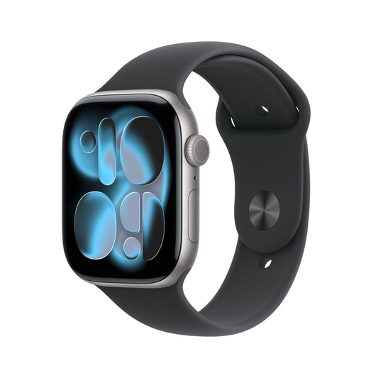Front slight left display view of the Apple Watch Series 11 GPS 46mm Space Grey Aluminium Case with Black Sport Band S/M available at Tradeline.