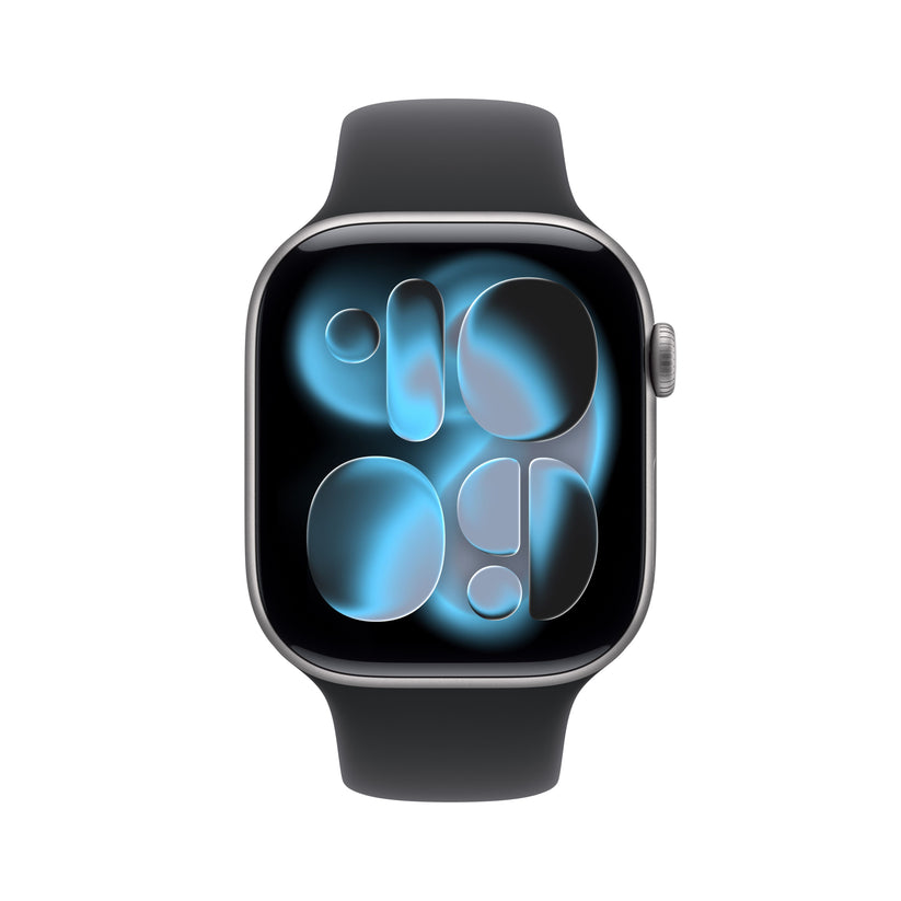 Front view of the Apple Watch Series 11 GPS 46mm Space Grey Aluminium Case with Black Sport Band S/M from Tradeline Egypt.