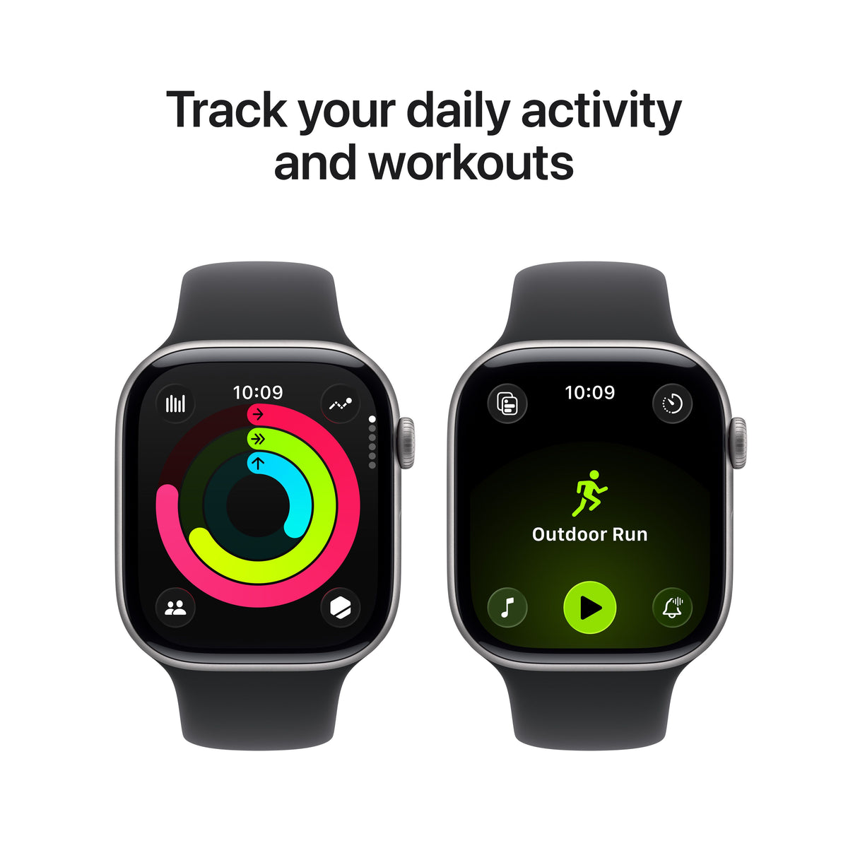 Promotional graphic showing daily activity and workout tracking features for the Apple Watch Series 11 Space Grey S/M variant from Tradeline.