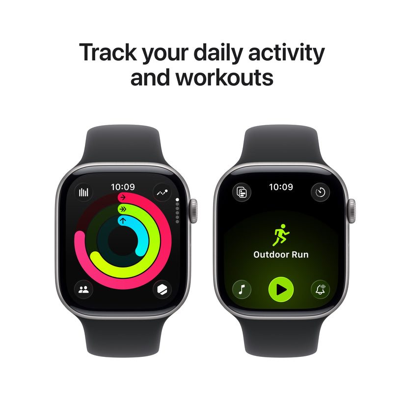 Promotional graphic showing daily activity and workout tracking features for the Apple Watch Series 11 Space Grey S/M variant from Tradeline.