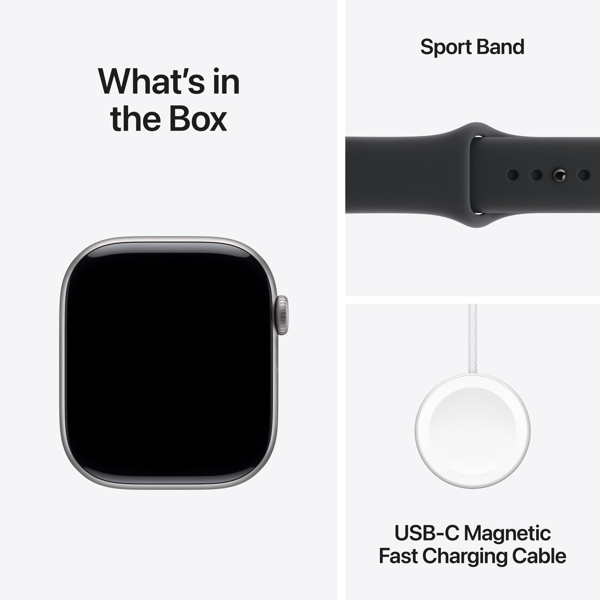 What is inside the official retail packaging box for the Apple Watch Series 11 GPS 46mm Space Grey Aluminium Case with Black Sport Band S/M at Tradeline.