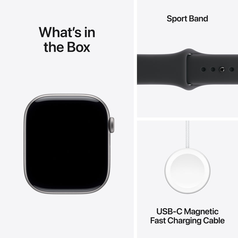 What is inside the official retail packaging box for the Apple Watch Series 11 GPS 46mm Space Grey Aluminium Case with Black Sport Band S/M at Tradeline.