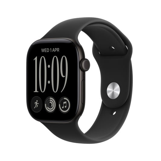Front side perspective shot of the Apple Watch Series 12 GPS 42mm Black Aluminum Case with Black Sport Band S/M at Tradeline.
