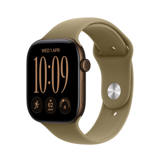 Front side perspective view of the Apple Watch Series 12 GPS 42mm Dark Bronze Aluminum Case with Olive Sport Band M/L at Tradeline.