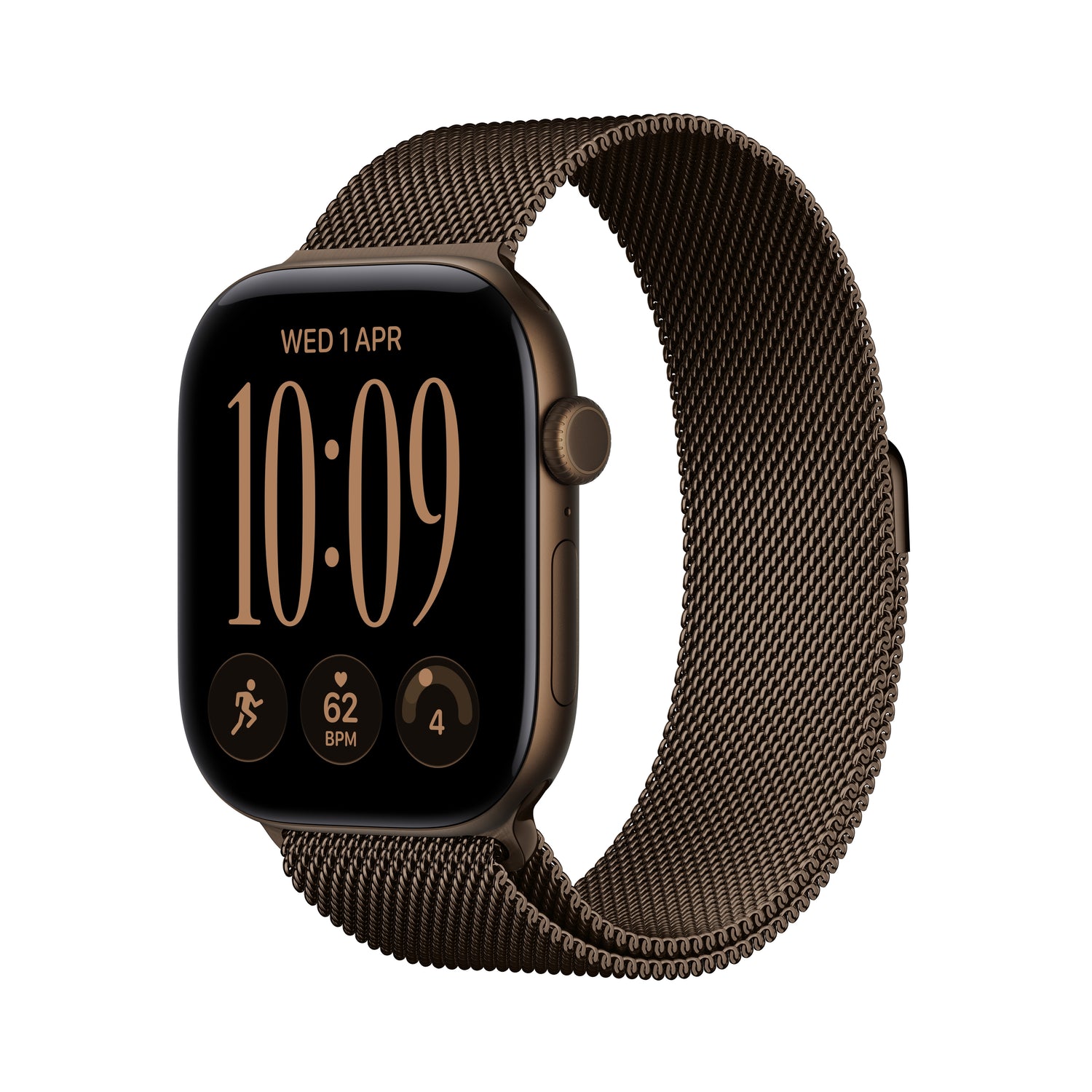 Front side perspective view of the Apple Watch Series 12 GPS 46mm Dark Bronze Aluminum Case with Dark Bronze Milanese Loop M/L at Tradeline.