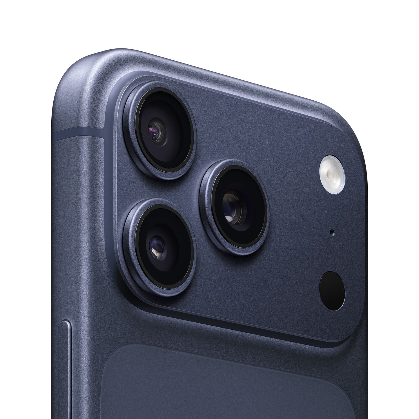 A close-up view of the rear camera module on the iPhone 17 Pro in Deep Blue, showcasing the triple-lens arrangement, flash, microphone, and the distinctive raised camera housing.
