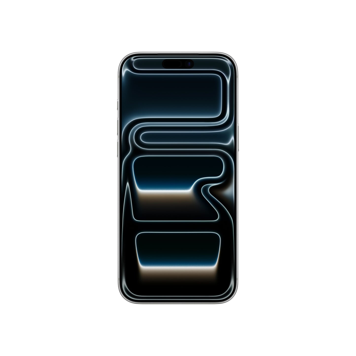 The front-facing view of the iPhone 17 Pro Max in Silver, highlighting the edge-to-edge display with the Dynamic Island and an abstract, flowing dark wallpaper.