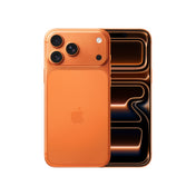 The Apple iPhone 17 Pro Max 2TB in Cosmic Orange, showing both the rear panel with its triple-camera setup and the front display featuring an orange-toned abstract wallpaper.
