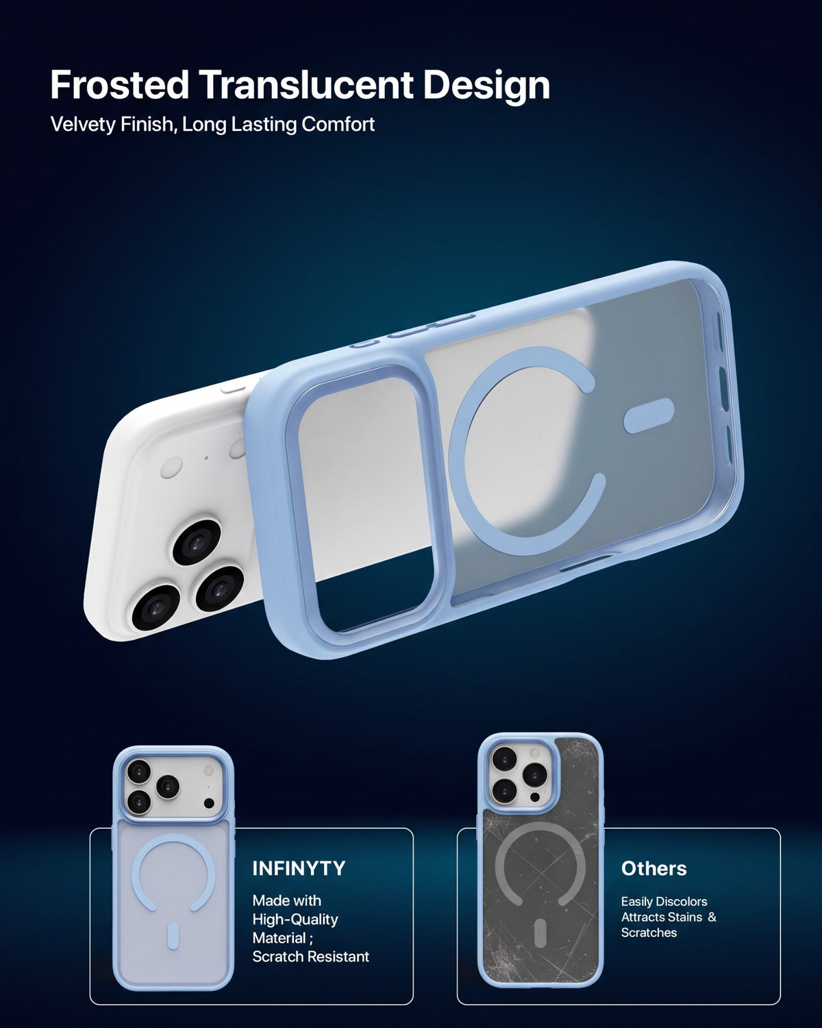 infyty MODO Frosted Soft Touch Case with Metallic Accents for iPhone 18 Pro - Light Blue