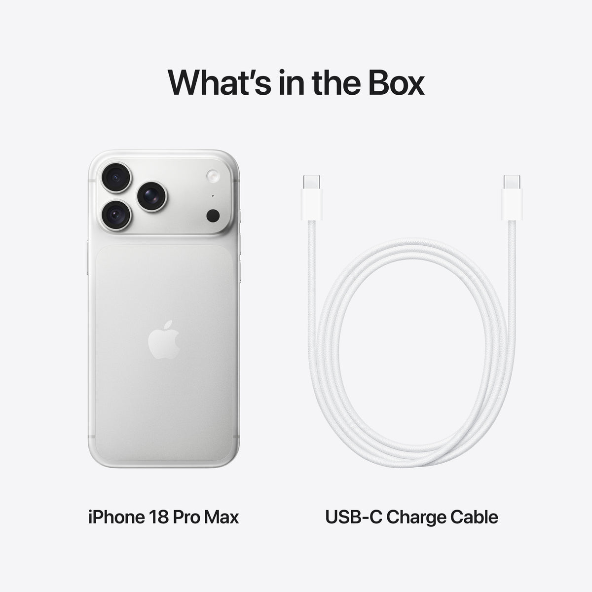In-box content showing the cable and accessories for the iPhone 18 Pro Max 256GB Silver at Tradeline.
