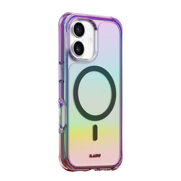 Side back perspective showcasing the heavy-duty scratch-resistant backing of the Laut AERO HOLO iPhone 17 Holo Midnight cover at Tradeline Egypt.