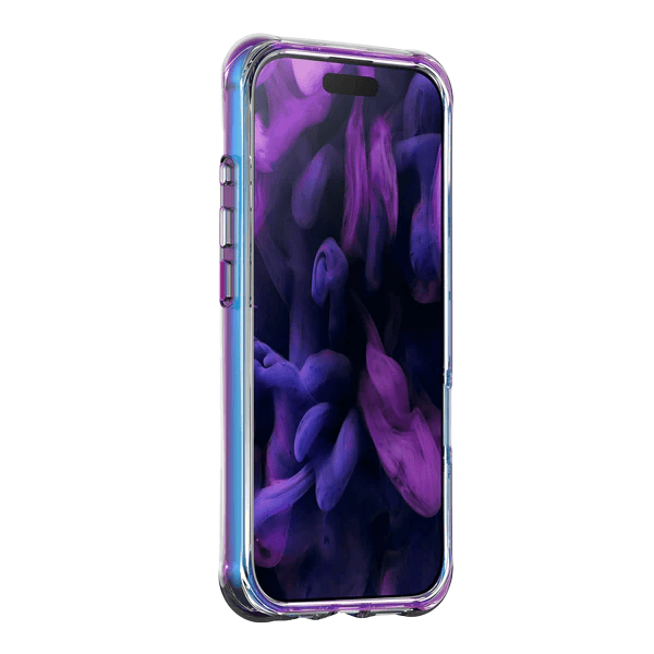 Side front perspective showcasing the heavy-duty scratch-resistant backing of the Laut AERO HOLO iPhone 17 Holo Midnight cover at Tradeline Egypt.