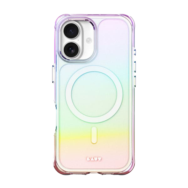 Rear view showcasing the multi-color shifting properties of the Laut AERO HOLO case for iPhone 17 in Holo Pearl at Tradeline.