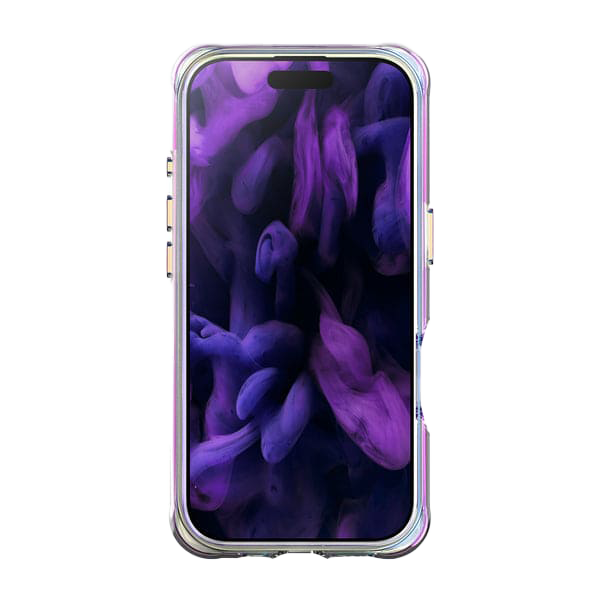 front view showcasing the multi-color shifting properties of the Laut AERO HOLO case for iPhone 17 in Holo Pearl at Tradeline.