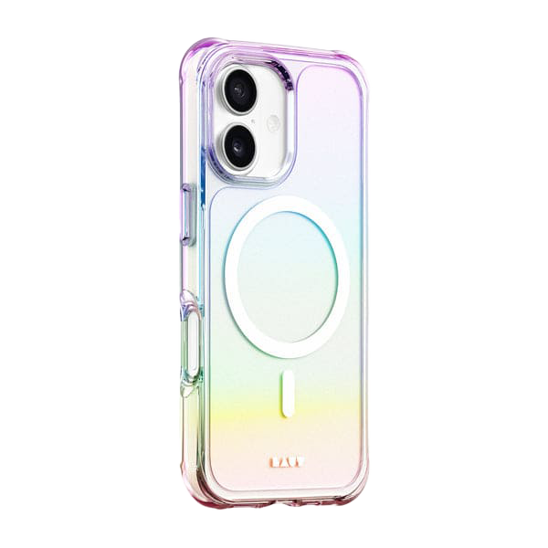 Side back view highlighting the raised protective lip boundaries on the Laut AERO HOLO iPhone 17 Holo Pearl protector from Tradeline Egypt.