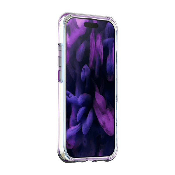 Side front view highlighting the raised protective lip boundaries on the Laut AERO HOLO iPhone 17 Holo Pearl protector from Tradeline Egypt.