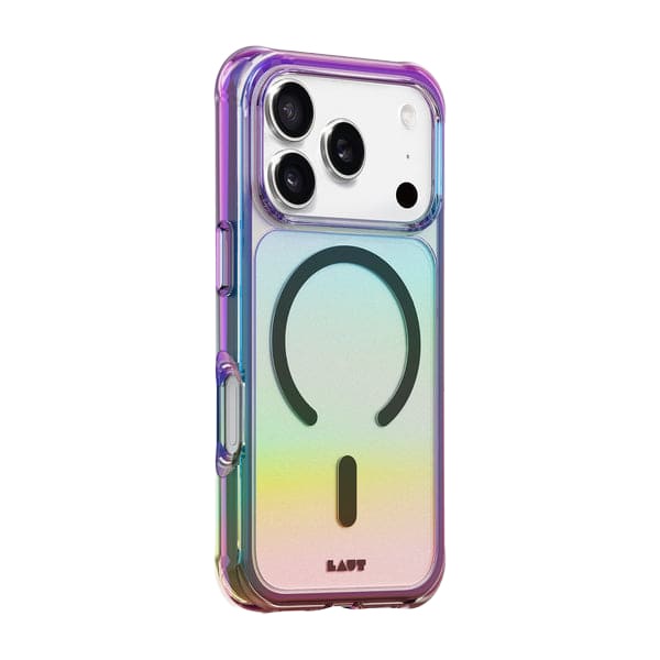 Side back profile showing the slim, grip-focused contours of the Laut AERO HOLO iPhone 17 Pro Holo Midnight skin at Tradeline Egypt.