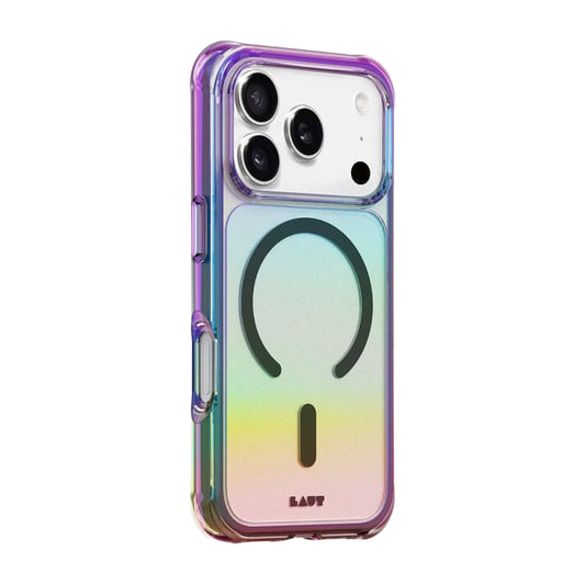 Side back profile showing the slim, grip-focused contours of the Laut AERO HOLO iPhone 17 Pro Holo Midnight skin at Tradeline Egypt.