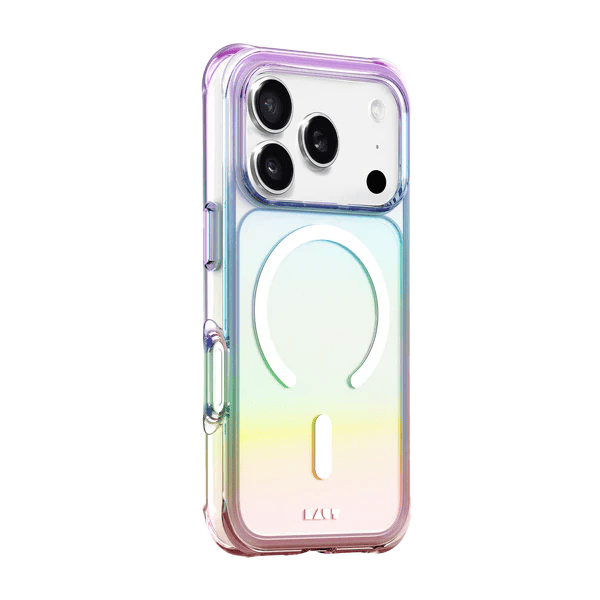 Side back view detailing the responsive tactile button overlays of the Laut AERO HOLO iPhone 17 Pro Holo Pearl shell from Tradeline Egypt.