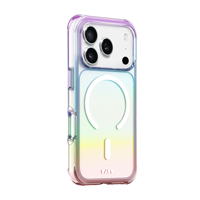 Side back profile showing the precise camera module protection of the Laut AERO HOLO iPhone 17 Pro Max Holo Pearl cover from Tradeline Egypt.