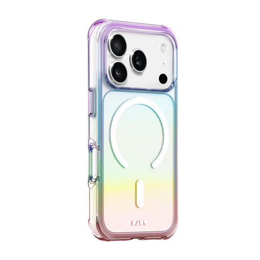 Side back profile showing the precise camera module protection of the Laut AERO HOLO iPhone 17 Pro Max Holo Pearl cover from Tradeline Egypt.