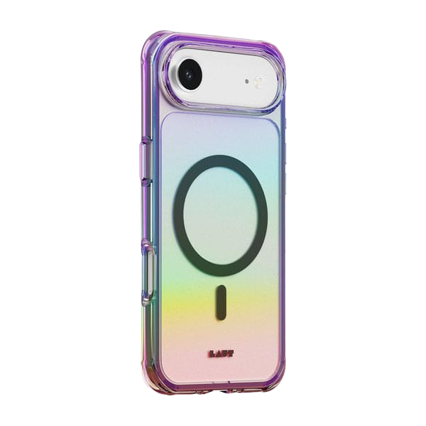Side back angle detailing the protective bumper rim on the Laut AERO HOLO iPhone Air Holo Midnight shell at Tradeline Egypt.