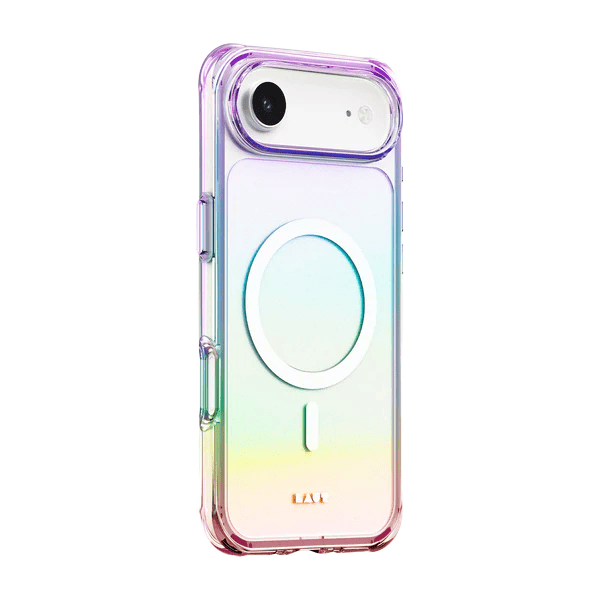 Side back view highlighting the iridescent holographic finish of the Laut AERO HOLO iPhone Air Holo Pearl cover at Tradeline Egypt.