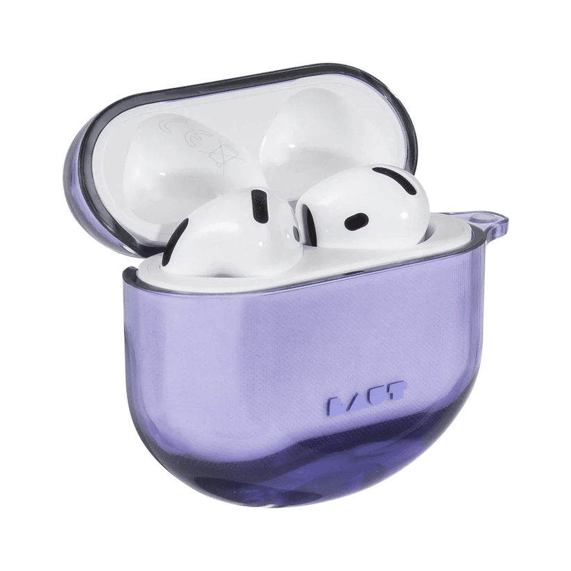 Open view showcasing the AirPods 4 charging case inside the LAUT AERO PROTECT Spring Purple cover from Tradeline Egypt.