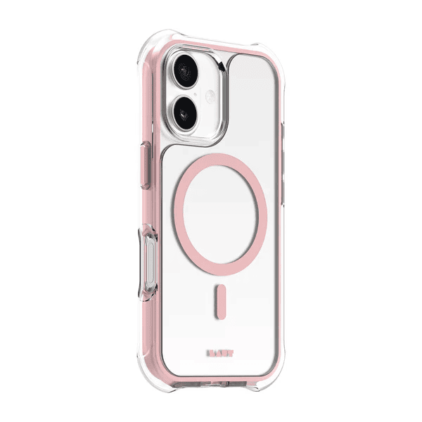Side back view showcasing the high-degree lip protection for camera arrays on the Laut AERO PROTECT iPhone 17 Lace Pink shield from Tradeline Egypt.