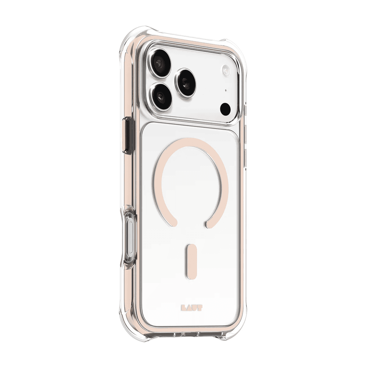 Side back perspective showcasing the sleek handgrip texture on the Laut AERO PROTECT iPhone 17 Pro Sadle Brown protector from Tradeline Egypt.