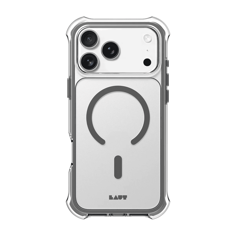 Rear view of the minimalist Laut AERO PROTECT shockproof case for iPhone 17 Pro in Shadow Grey colorway at Tradeline.