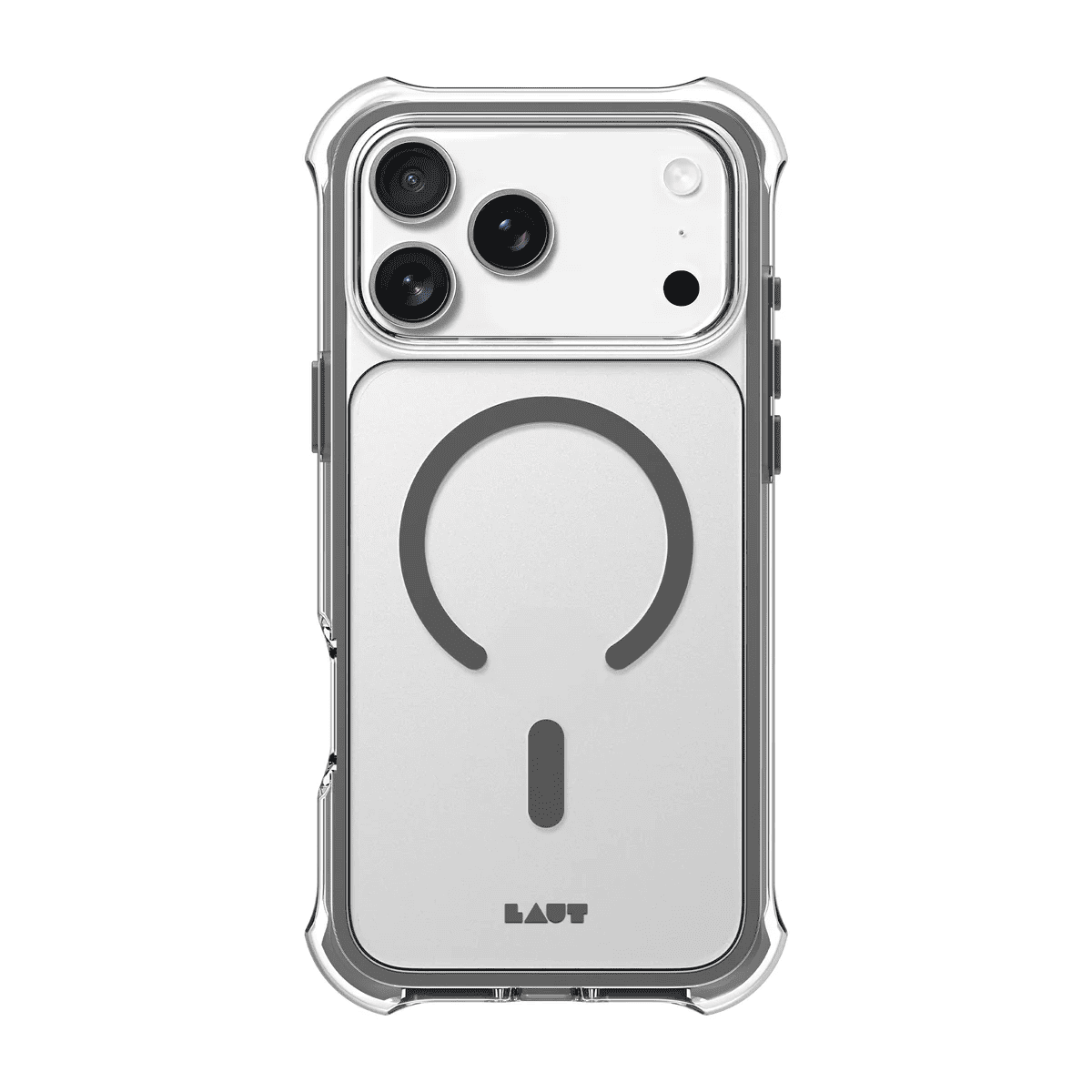 Rear view of the minimalist Laut AERO PROTECT shockproof case for iPhone 17 Pro in Shadow Grey colorway at Tradeline.