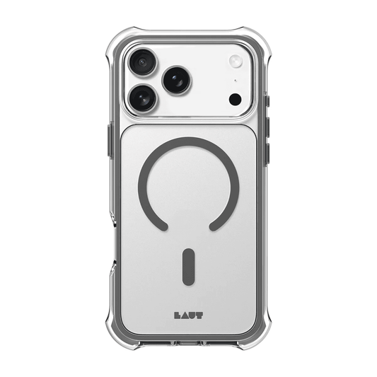 Rear view of the minimalist Laut AERO PROTECT shockproof case for iPhone 17 Pro in Shadow Grey colorway at Tradeline.